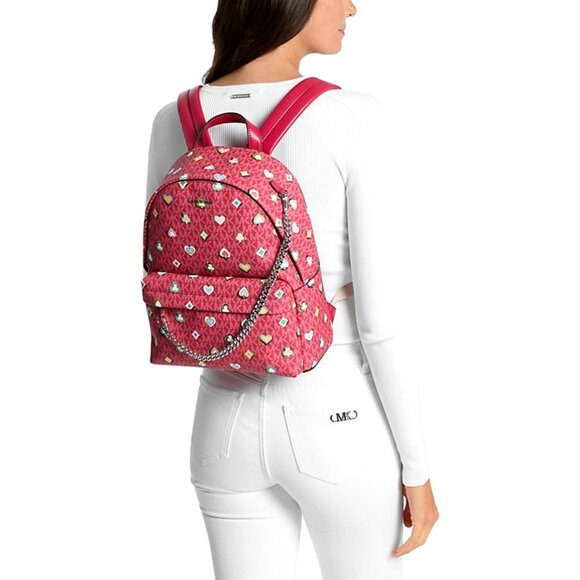 New Michael Kors Slater Medium Printed Signature Logo Backpack Dark Raspberry - Picture 5 of 6